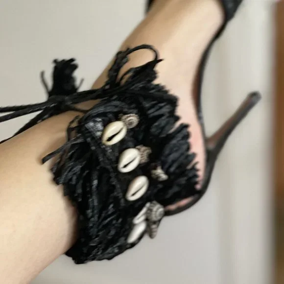 Azzedine Alaia Stilletos black with beads, fringe, woven straw, python leather 8 - Picture 11 of 11
